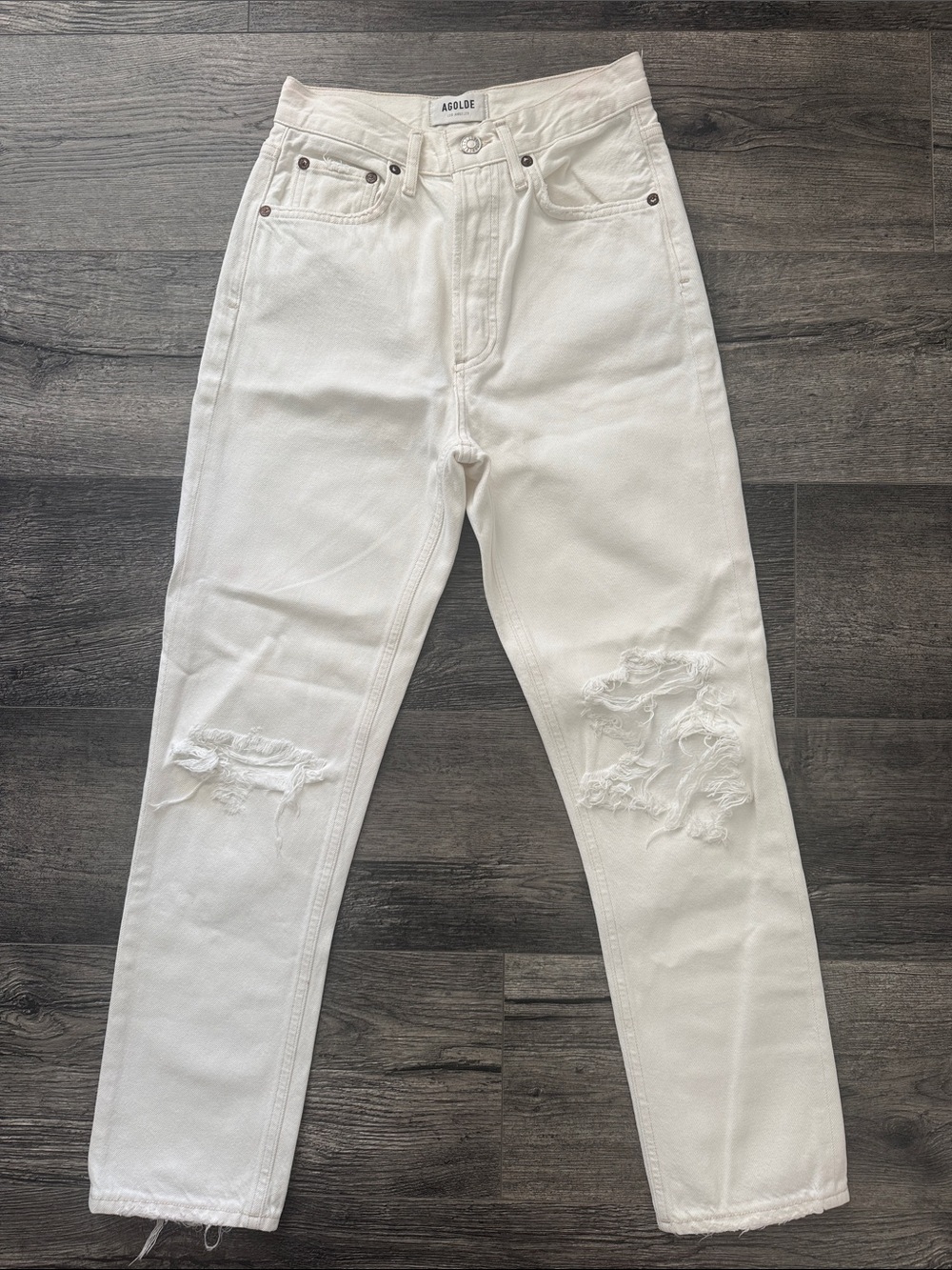 AGOLDE  Riley High Rise Straight Cropped Distressed White Jean Size 24
